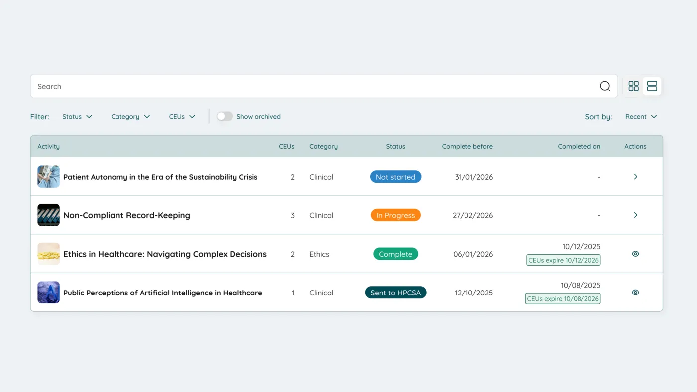 “My Activities” table view with status, completion dates and CEU expiry