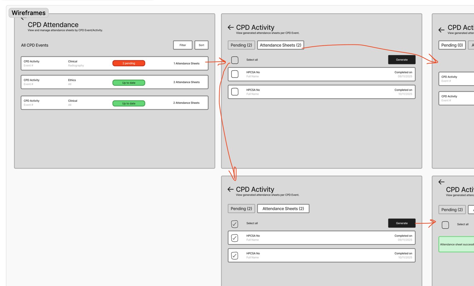 Ideate artefact — low-fidelity attendance management wireframes
